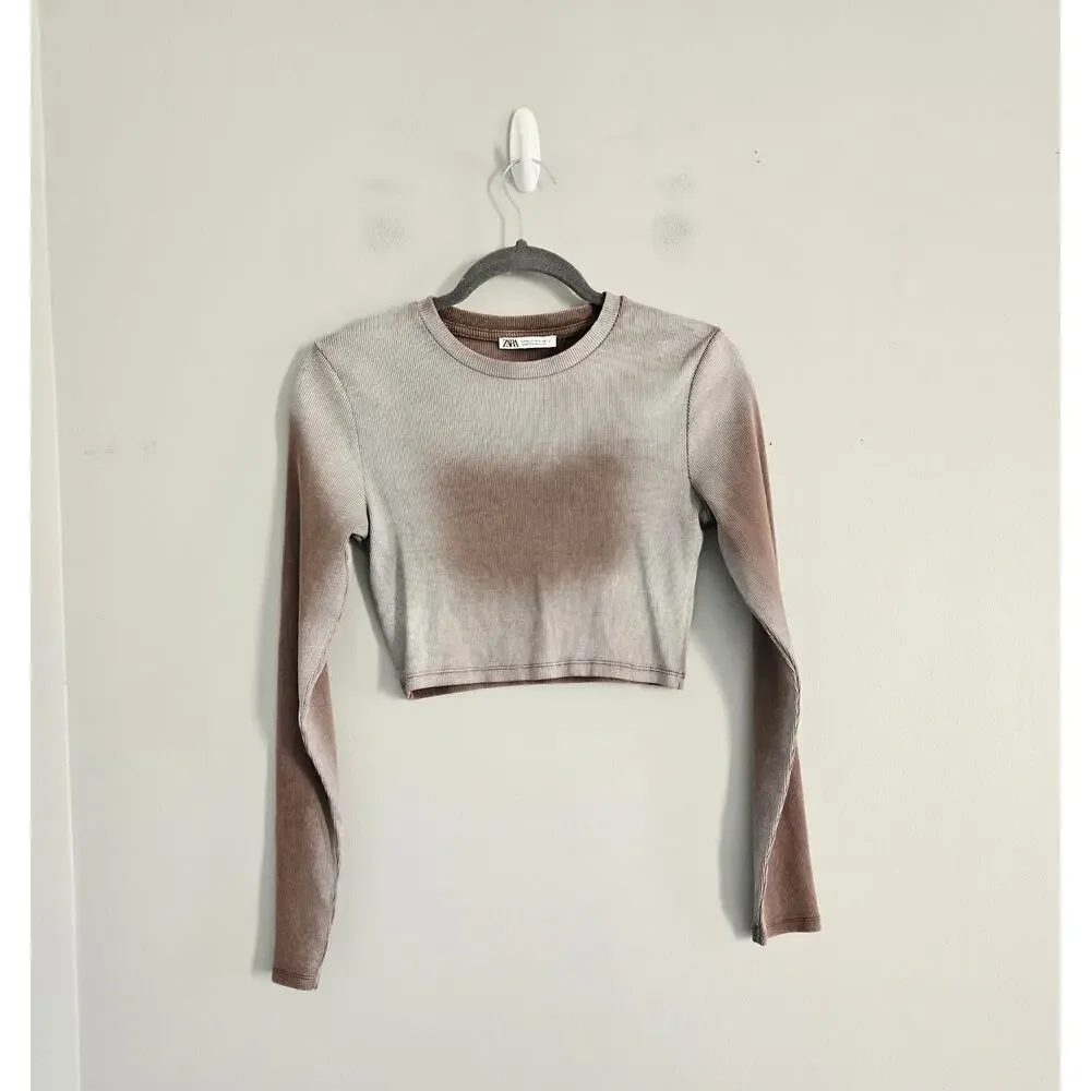 Zara Brown Spray Paint Style Ribbed Top M